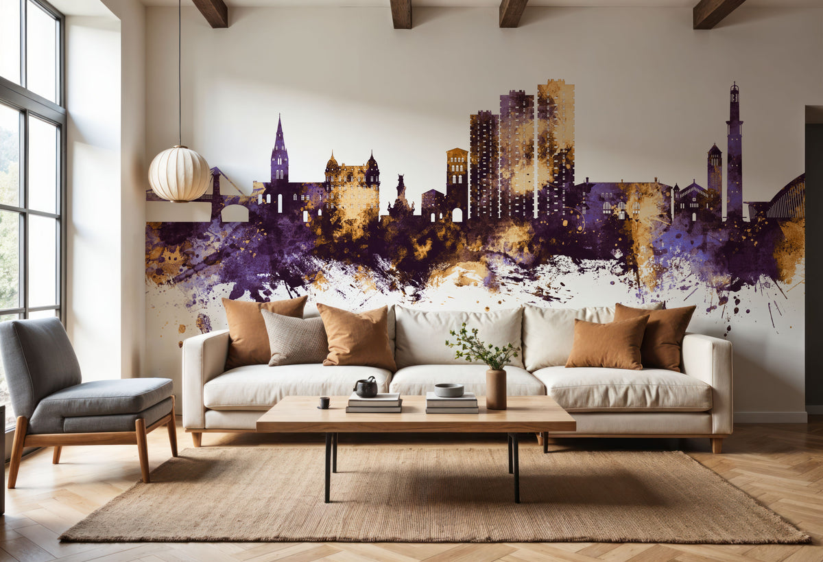 Grenoble Skyline Purple & Gold Mural Wallpaper - room preview 03
