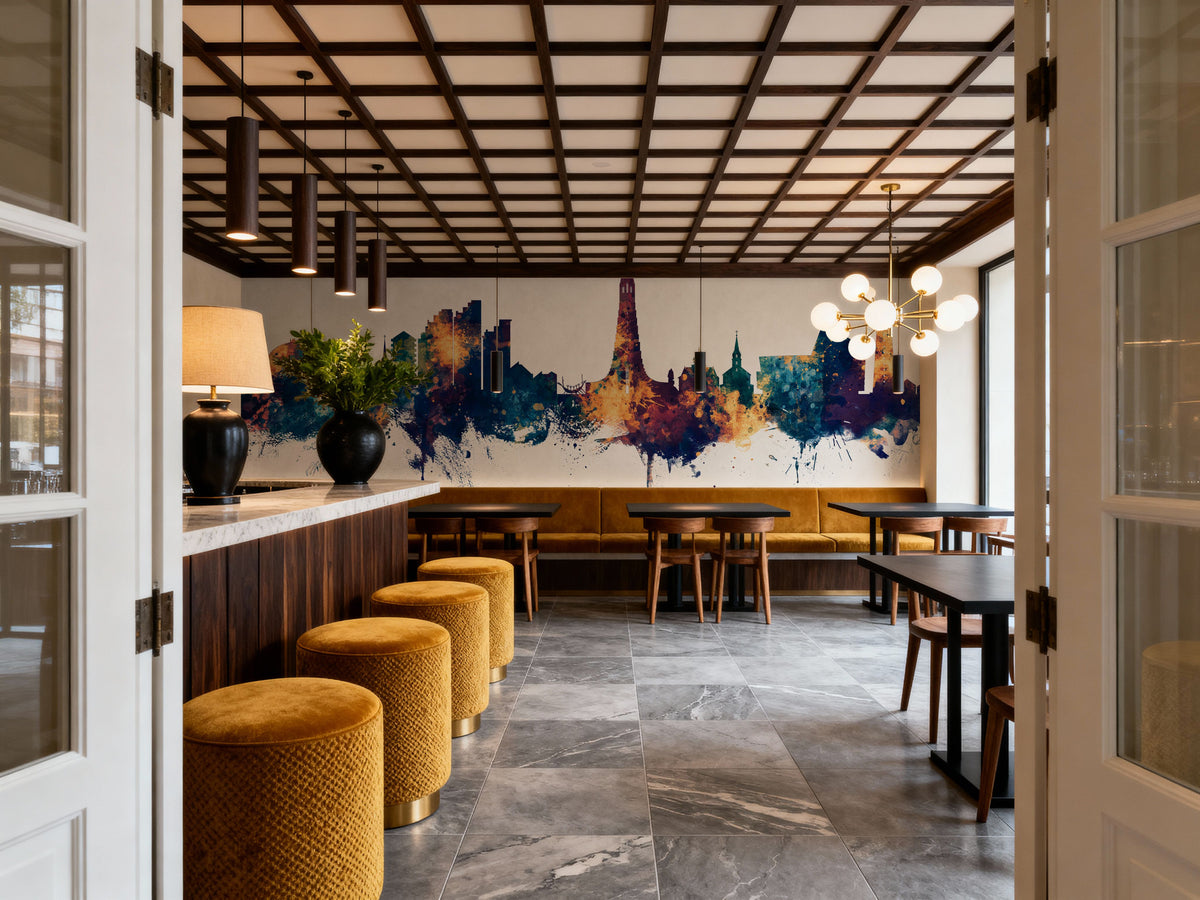 Reykjavík Skyline Blue & Bronze Mural Wallpaper - room preview 03
