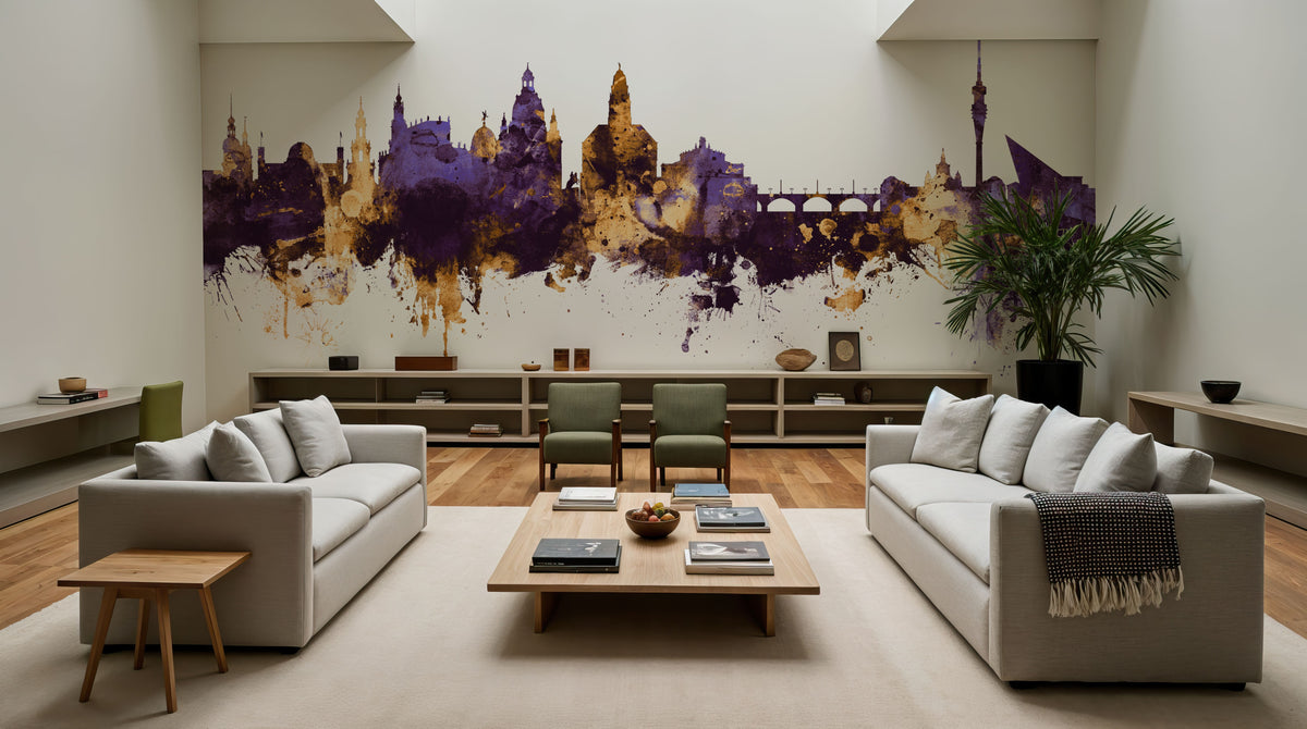Dresden Germany Skyline Purple & Gold Mural Wallpaper - room preview 03