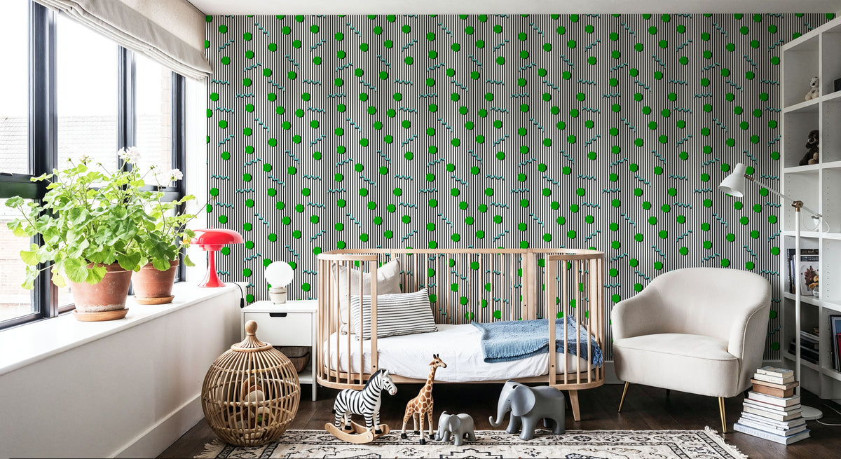 Memphis Dots & Stripes, White Mural Wallpaper - room preview 03
