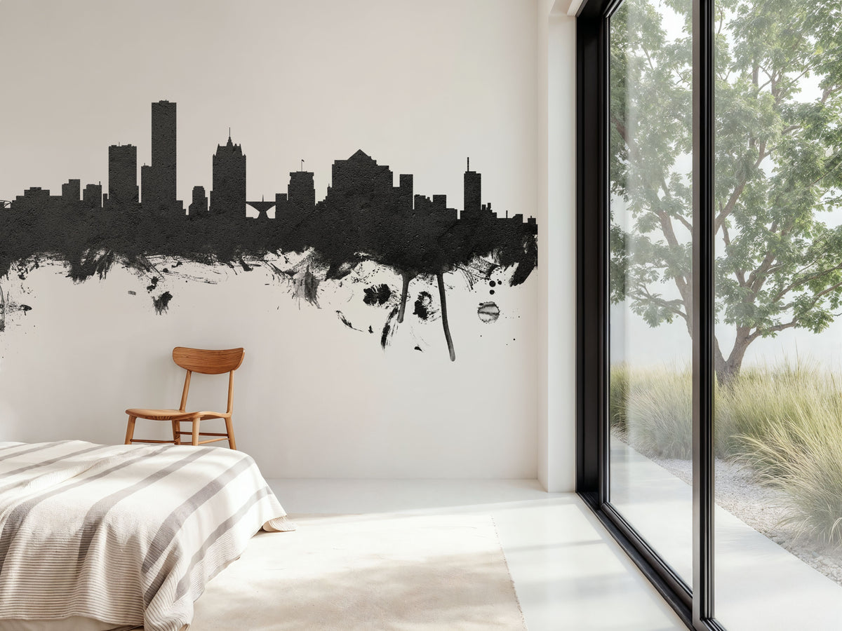 Milwaukee Wisconsin Skyline Black & White Mural Wallpaper - room preview 03