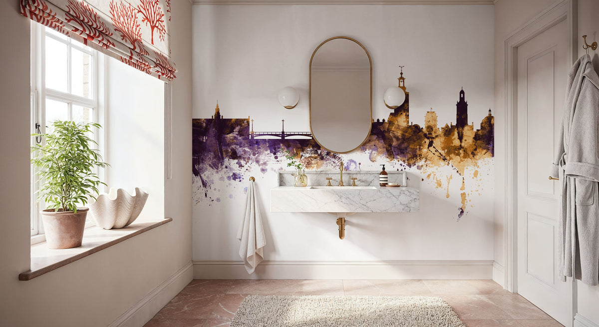 Stockholm Skyline Purple & Gold Mural Wallpaper - room preview 03
