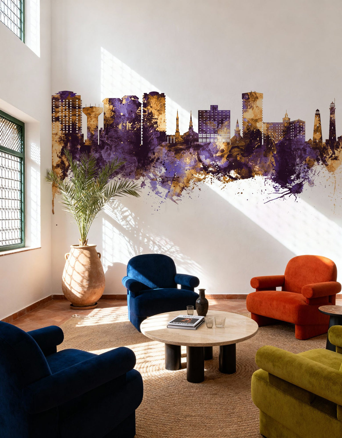 Virginia Beach Skyline Purple & Gold Mural Wallpaper - room preview 03