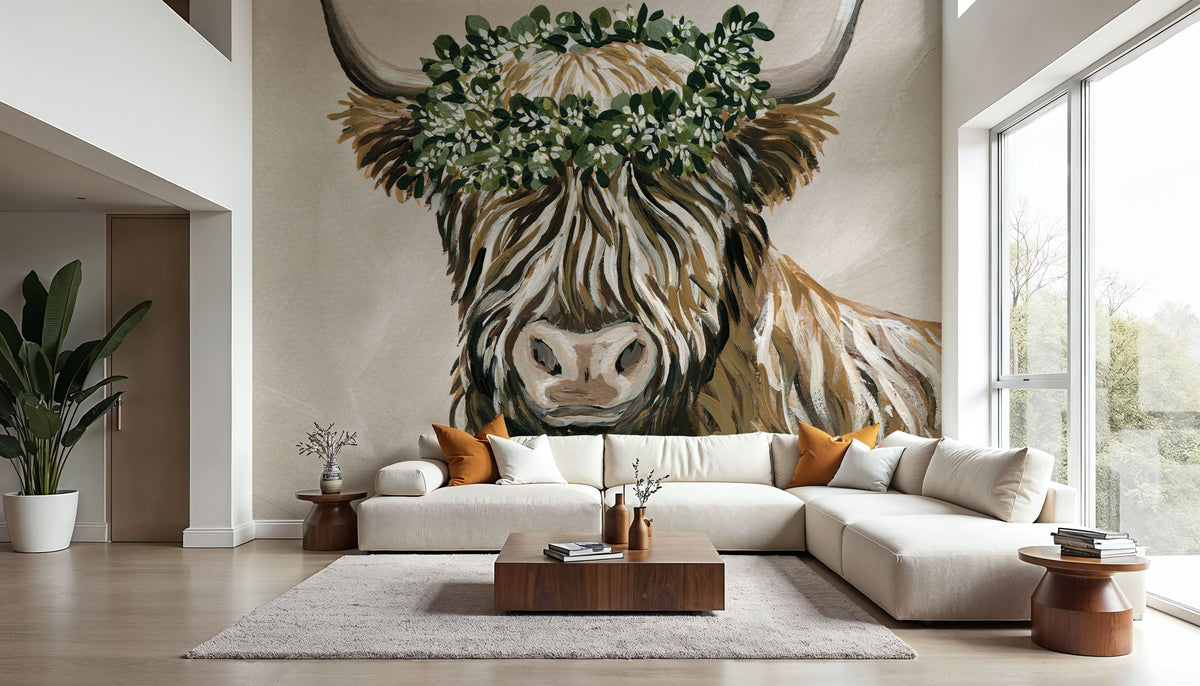 Harvest Cow Sage Square Mural Wallpaper - room preview 03