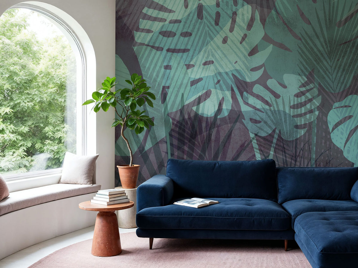 Big Monstera Leaves, Cyan Mural Wallpaper - room preview 03