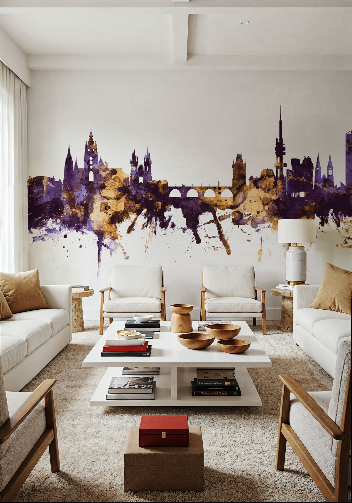 Prague (Praha) Czech Reublic Skyline Purple & Gold Mural Wallpaper - room preview 03