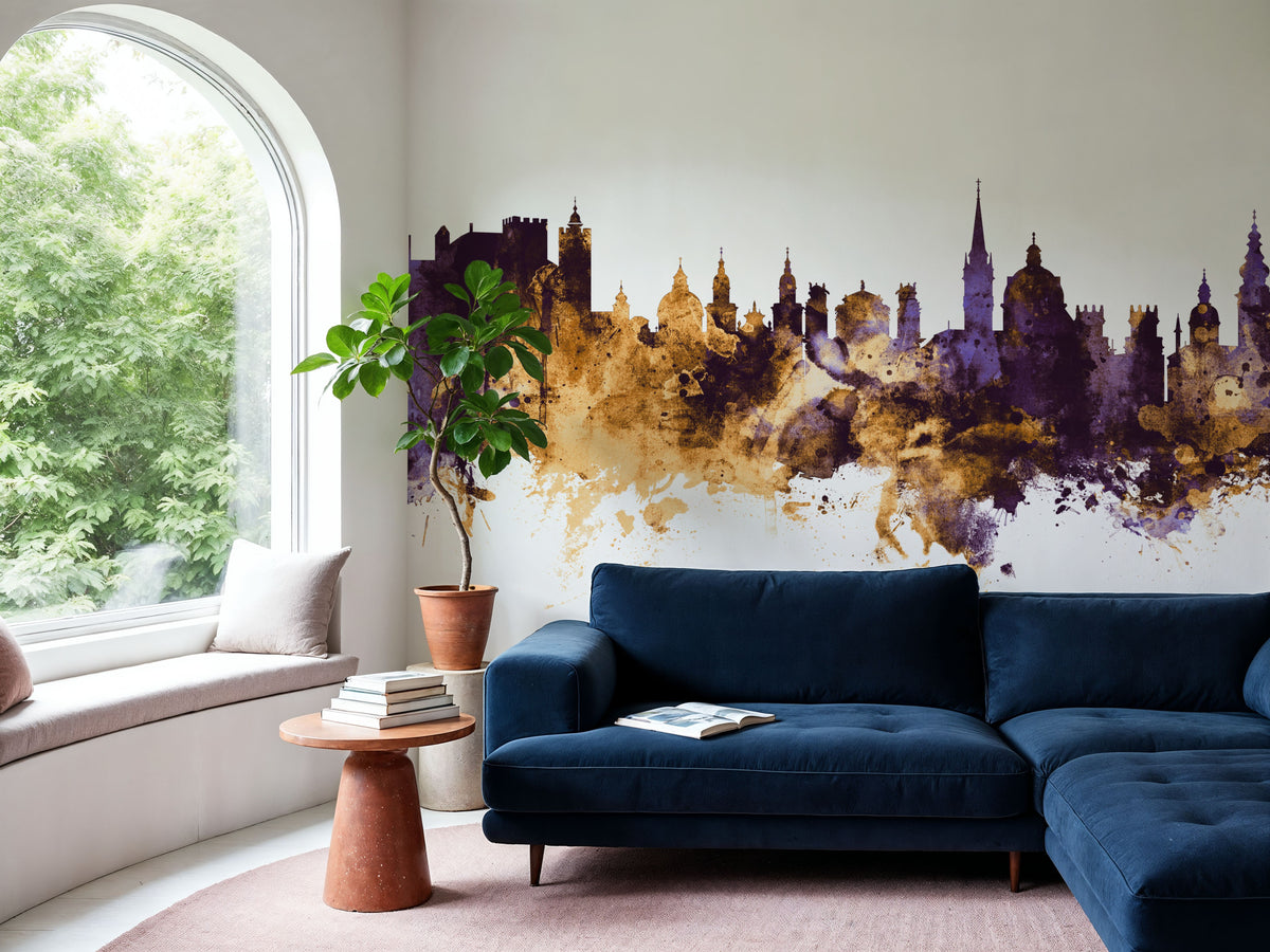 Salzburg Austria Skyline Purple & Gold Mural Wallpaper - room preview 03