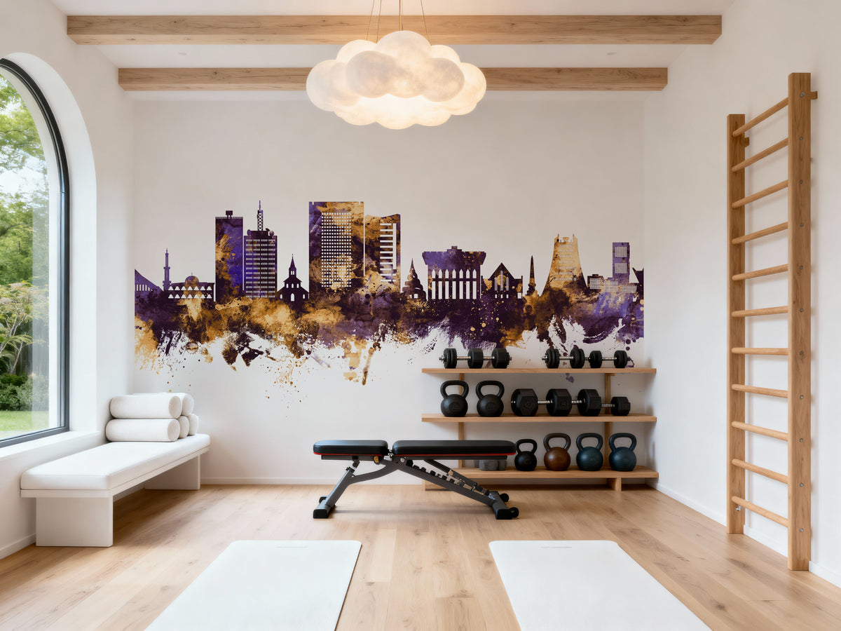 Yaoundé Cameroon Skyline Purple & Gold Mural Wallpaper - room preview 03