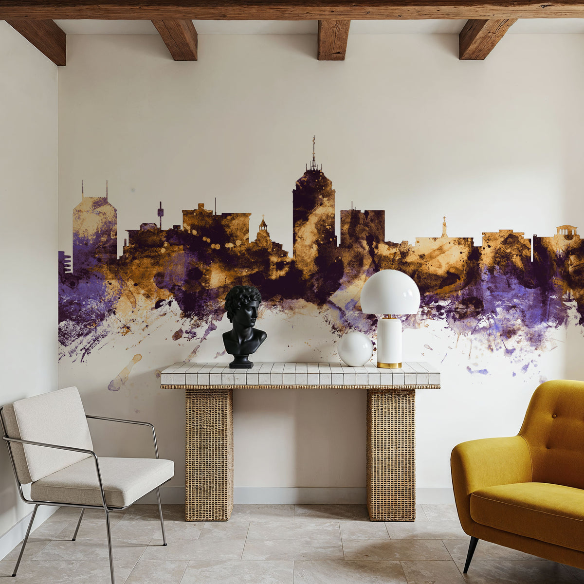 Fresno California Skyline Purple & Gold Mural Wallpaper - room preview 03