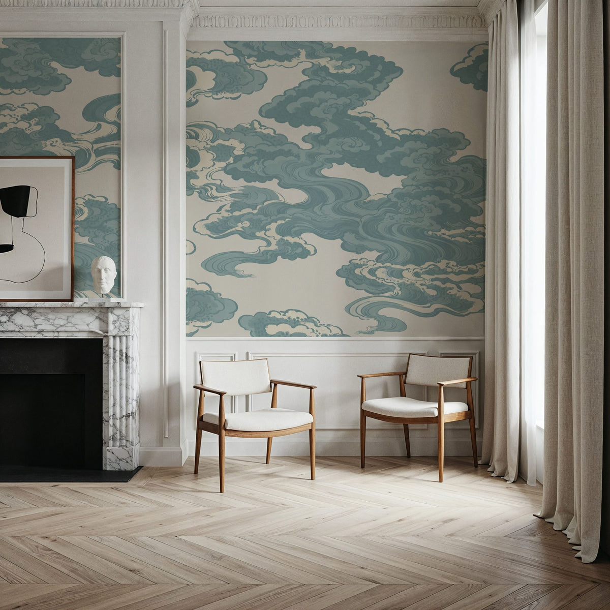 Ukiyo-e Clouds, Soft Teal Mural Wallpaper - room preview 03