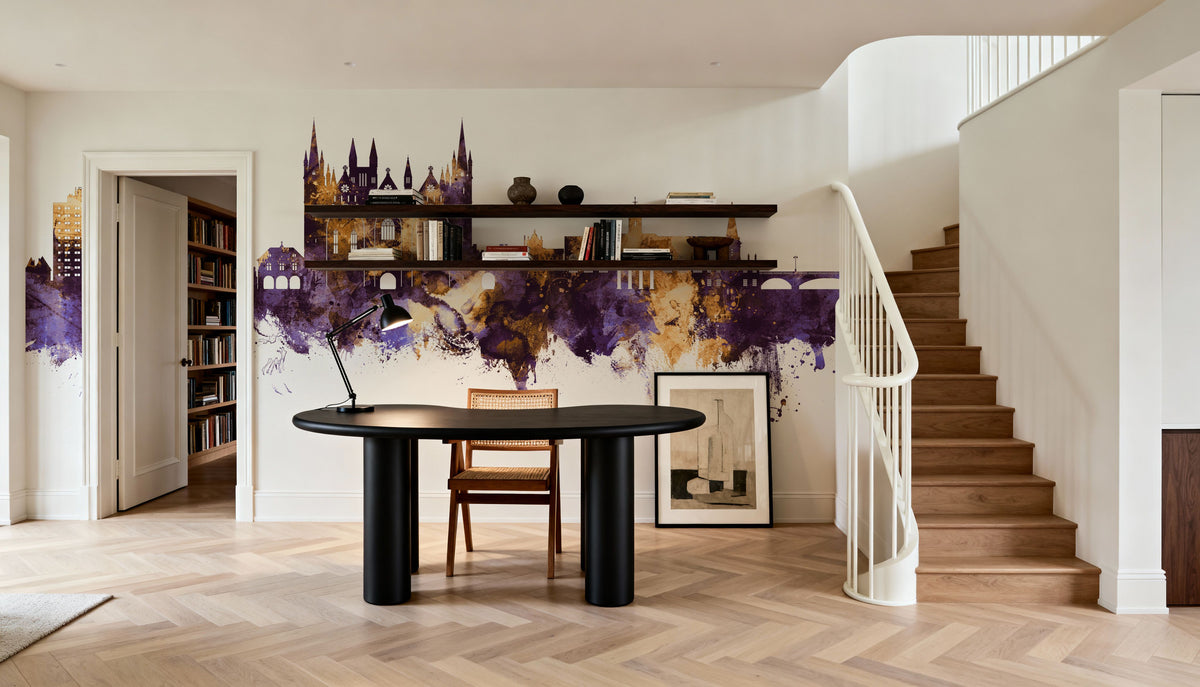 Peterborough England Skyline Purple & Gold Mural Wallpaper - room preview 03