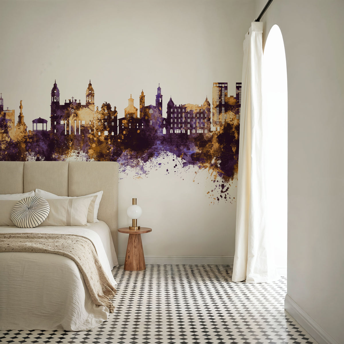 Pamplona Spain Skyline Purple & Gold Mural Wallpaper - room preview 03