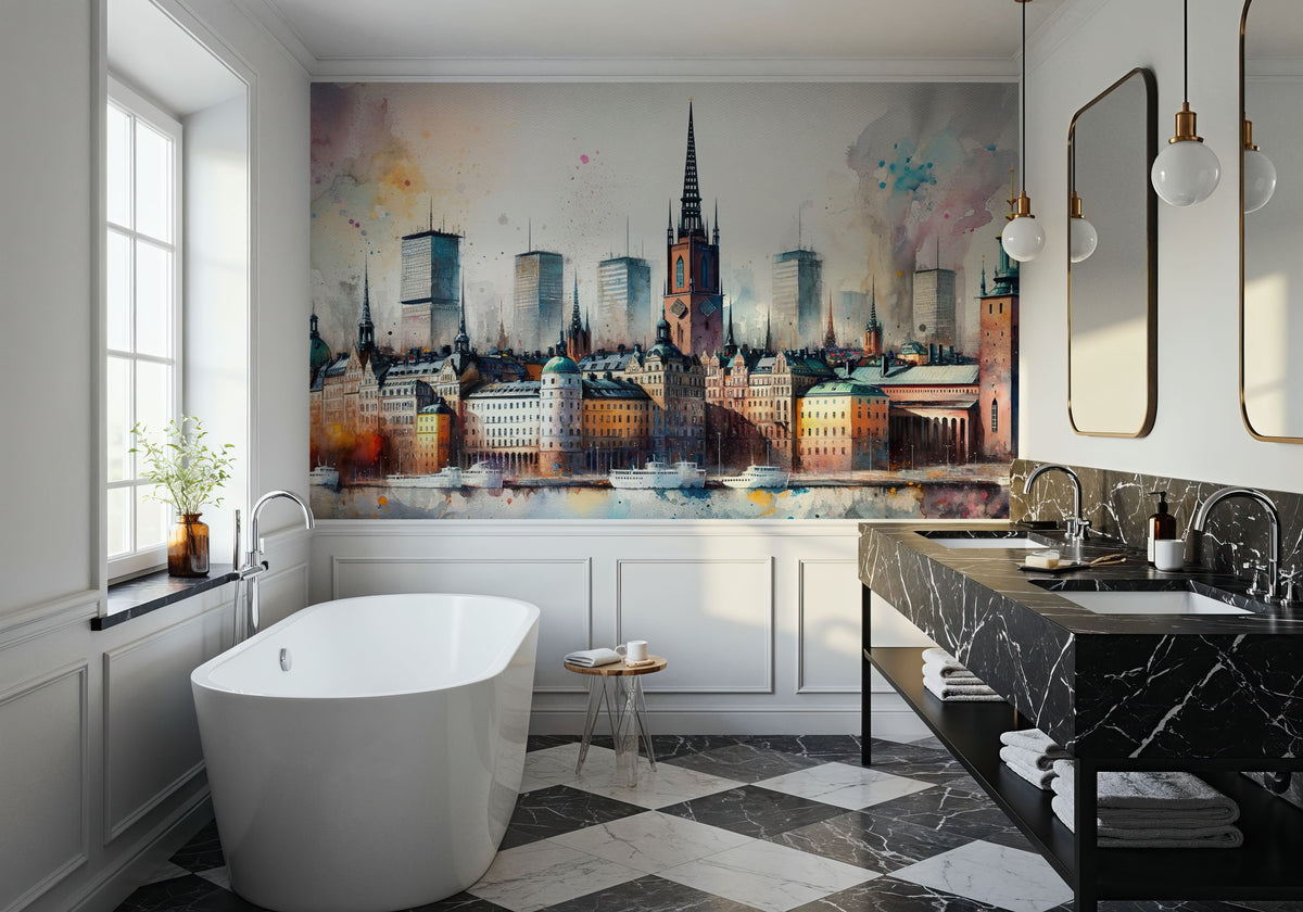 Watercolor Stockholm Skyline Mural Wallpaper - room preview 03