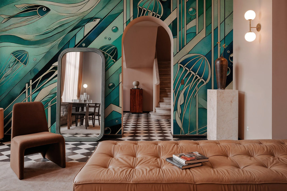 Oceanic Serenade Scene in Art Deco Mural Wallpaper - room preview 03