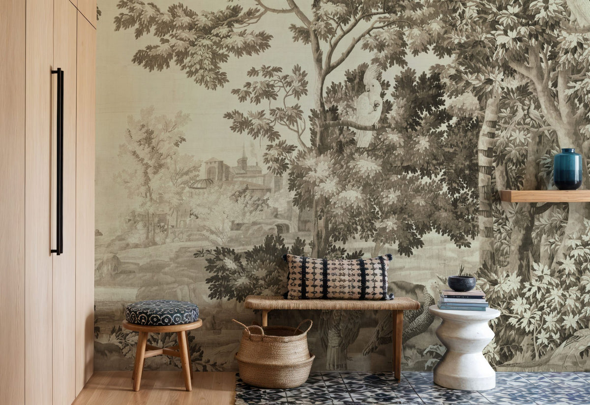 Forest Wallpaper Mural – Woodland Wall Mural – Enchanted Grove Tapestry, Beige wall measurement