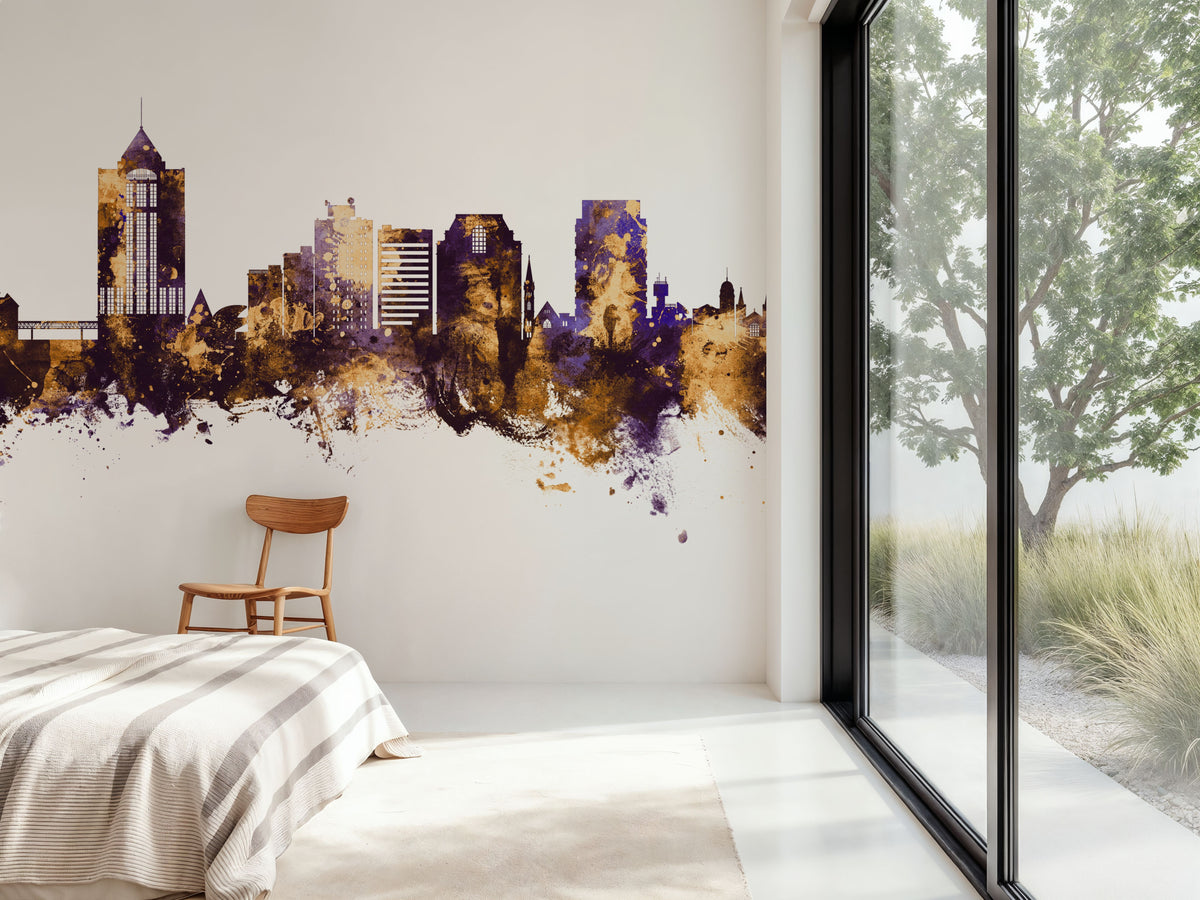 Roanoke Virginia Skyline Purple & Gold Mural Wallpaper - room preview 03
