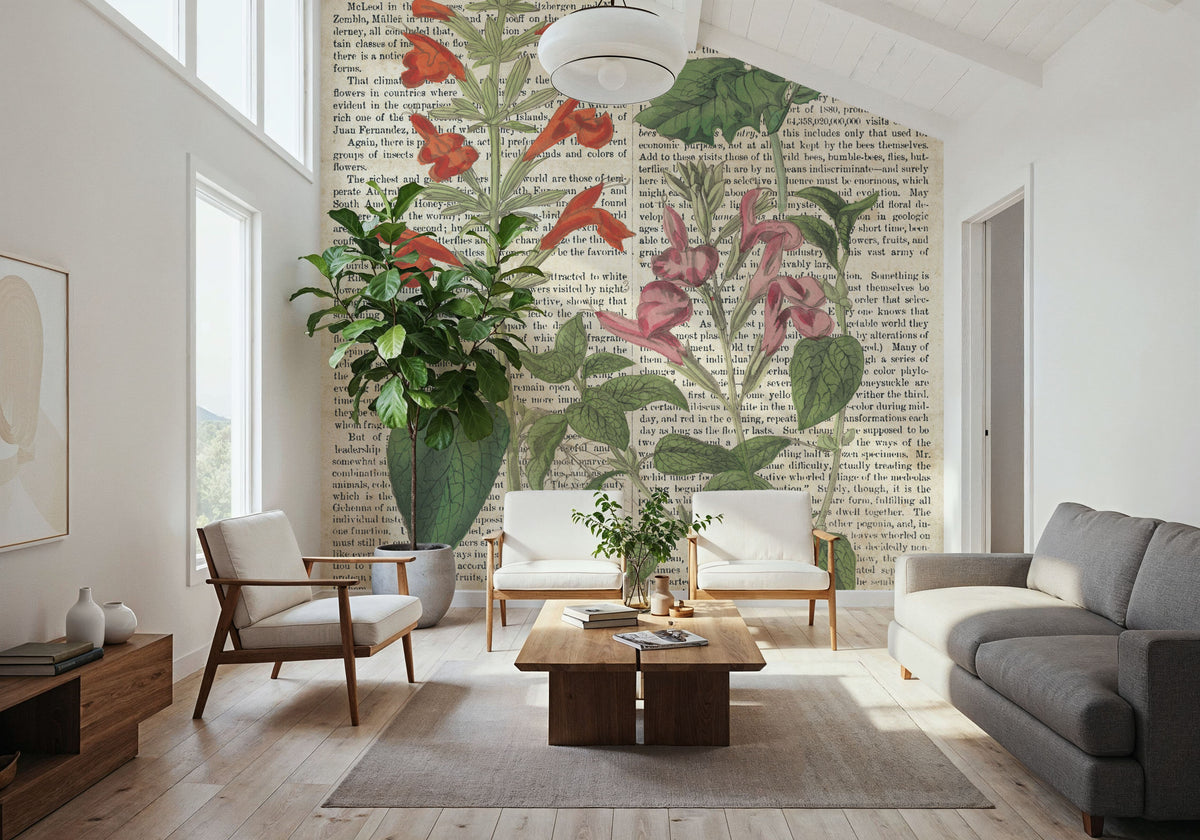 Salvia Florals on Newsprint I Mural Wallpaper - room preview 03