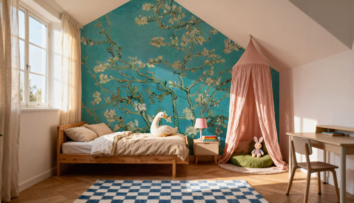 Floral Wallpaper Mural – Flower Wallpaper – Almond Blossom, Turquoise wall measurement