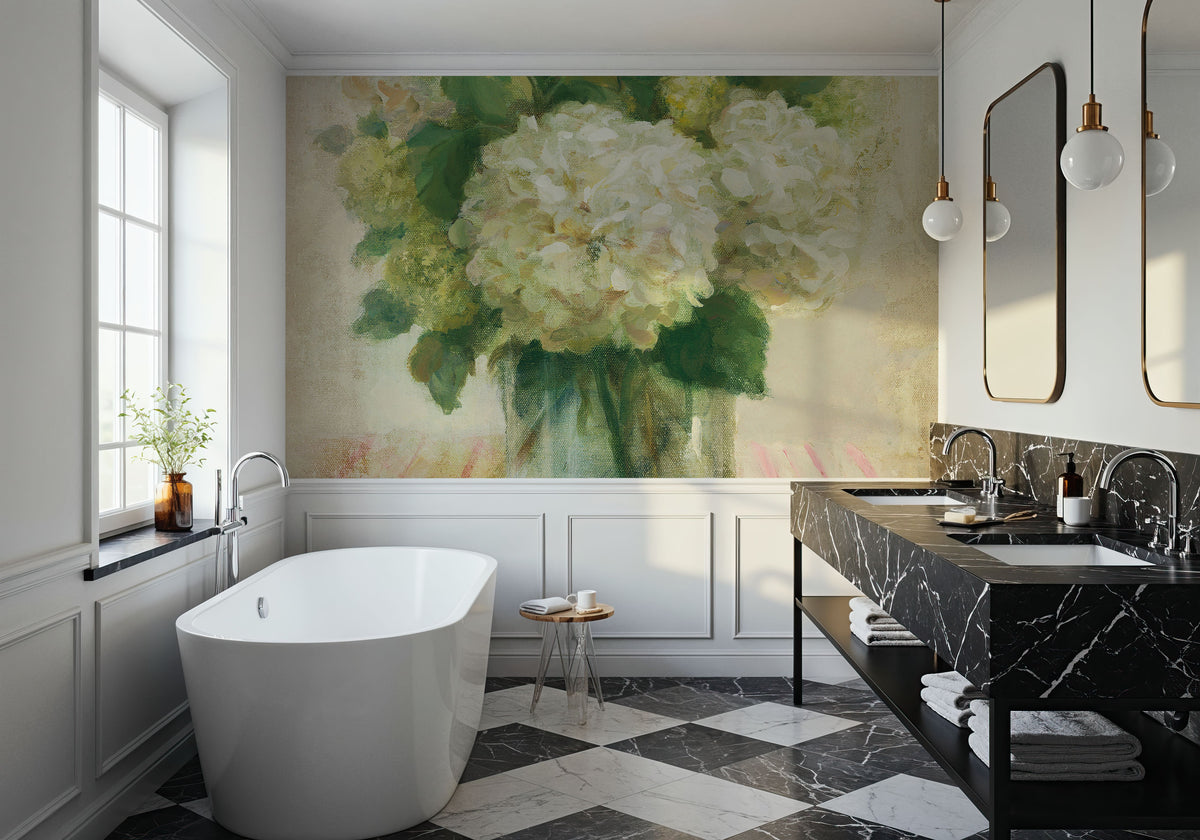 Cottage Hydrangeas in White Mural Wallpaper - room preview 03