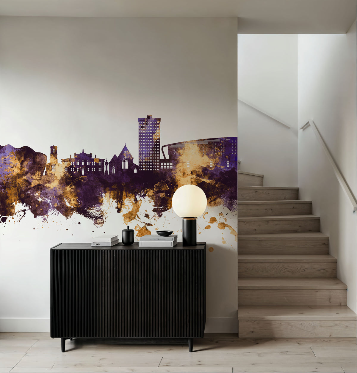 Gateshead England Skyline Purple & Gold Mural Wallpaper - room preview 03