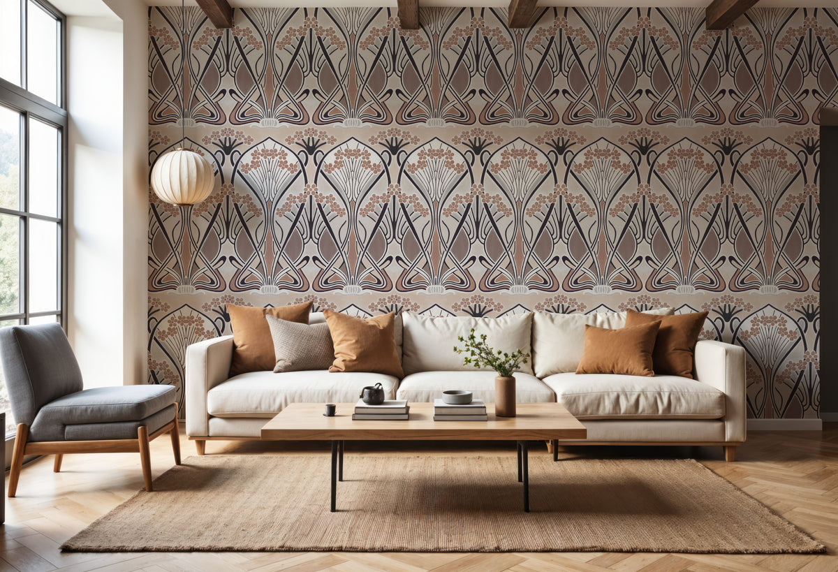 Floral Art Deco Aura, Walnut Dust Mural Wallpaper - room preview 03