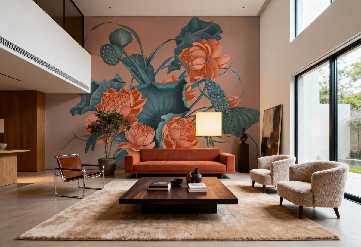 Humble Blooms - Peach and Teal Mural Wallpaper - room preview 03