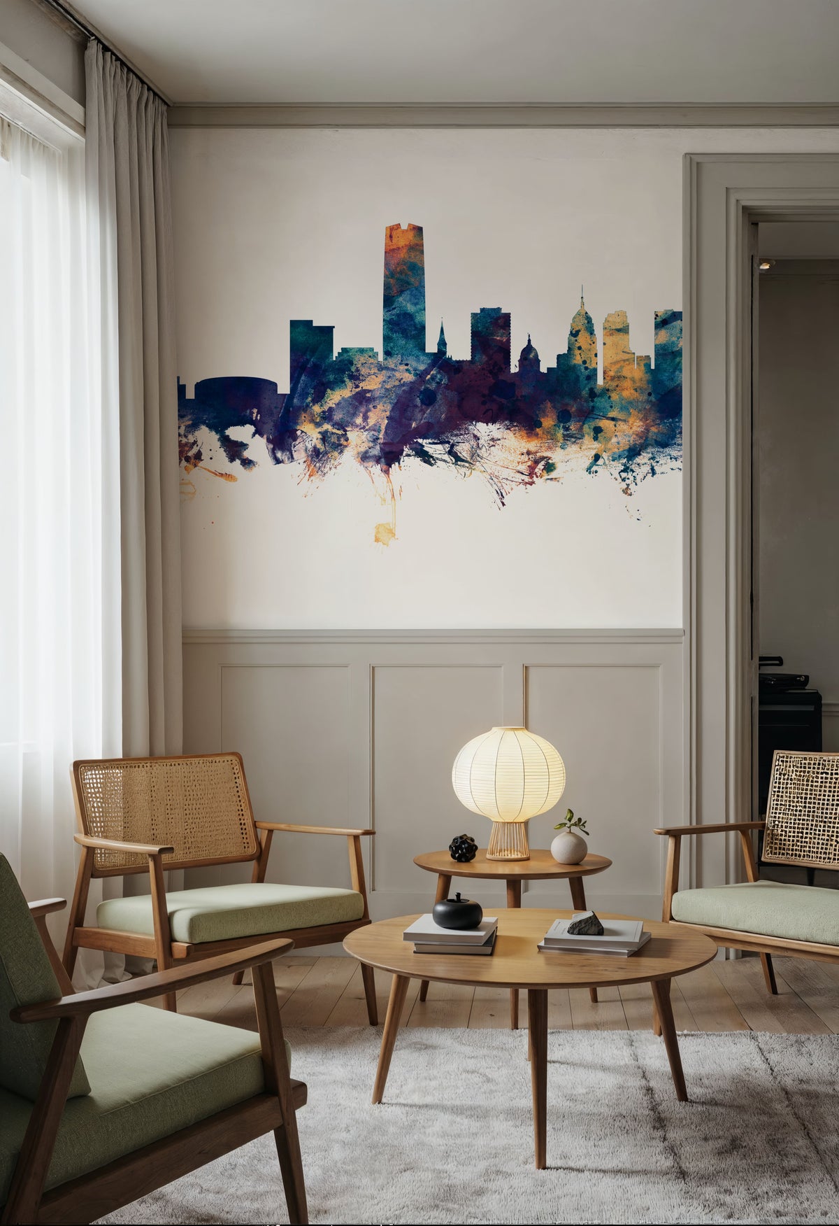 Oklahoma City Skyline Blue & Bronze Mural Wallpaper - room preview 03