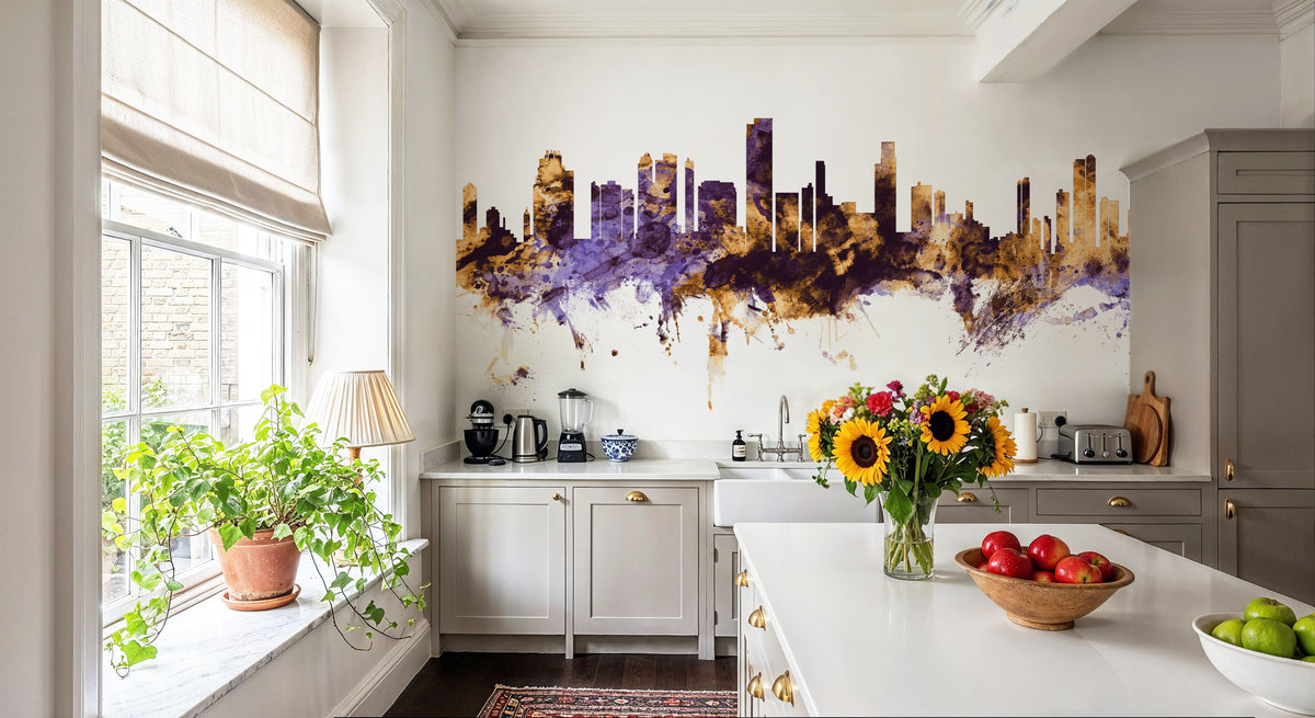 Honolulu Hawaii Skyline Purple & Gold Mural Wallpaper - room preview 03