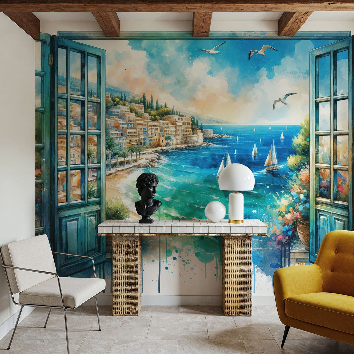 Mediterranean Coastline Through Open Window Mural Wallpaper - room preview 03