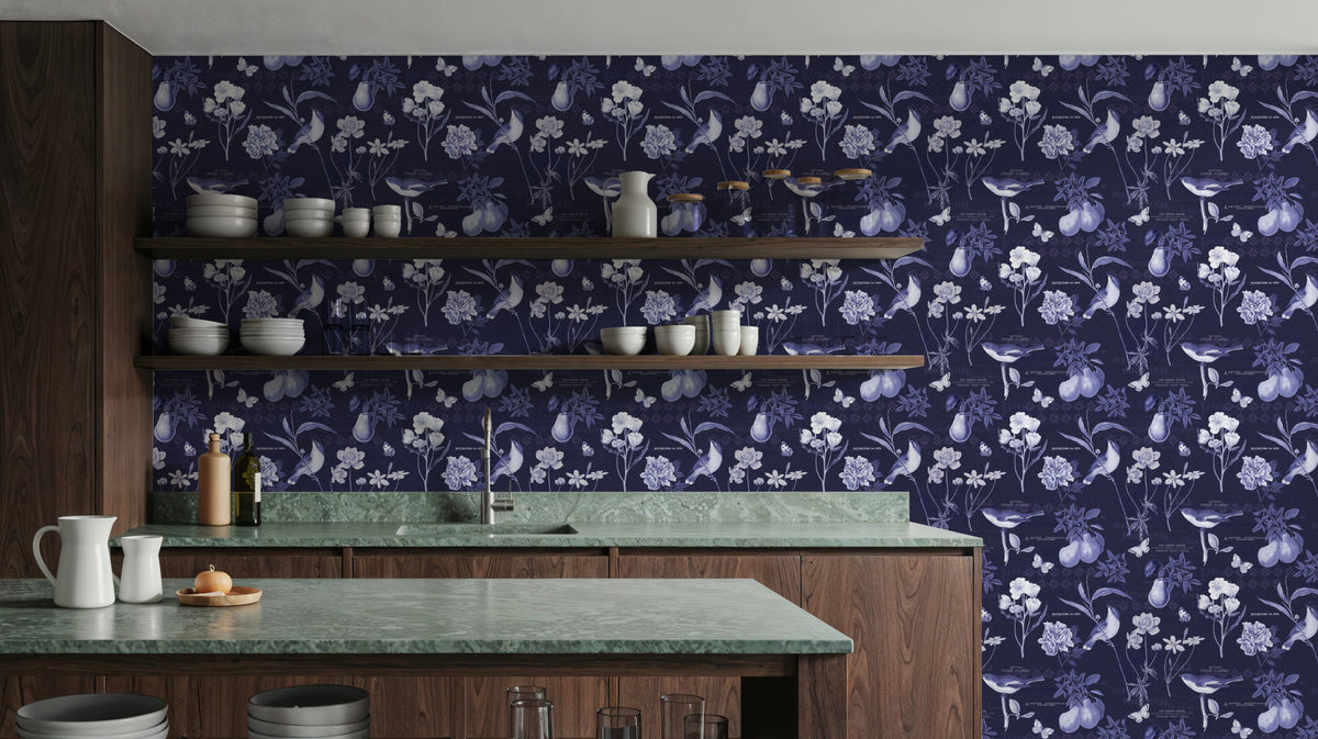 Botanical Postcard Blue Mural Wallpaper - room preview 03
