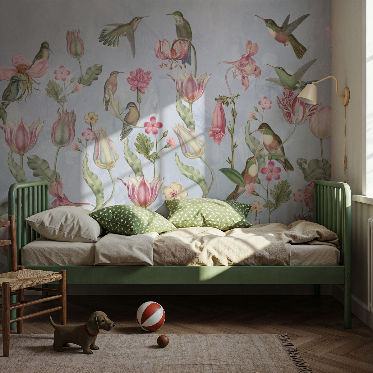 Tulips & Birds, Sky Blue Mural Wallpaper - room preview 03
