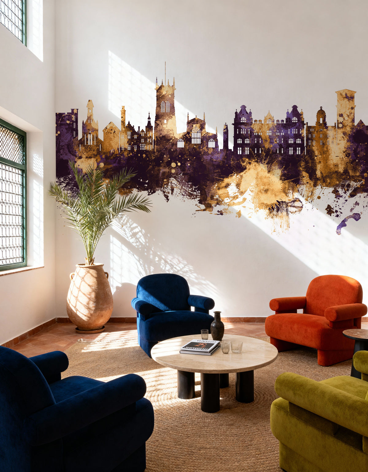Wigan England Skyline Purple & Gold Mural Wallpaper - room preview 03