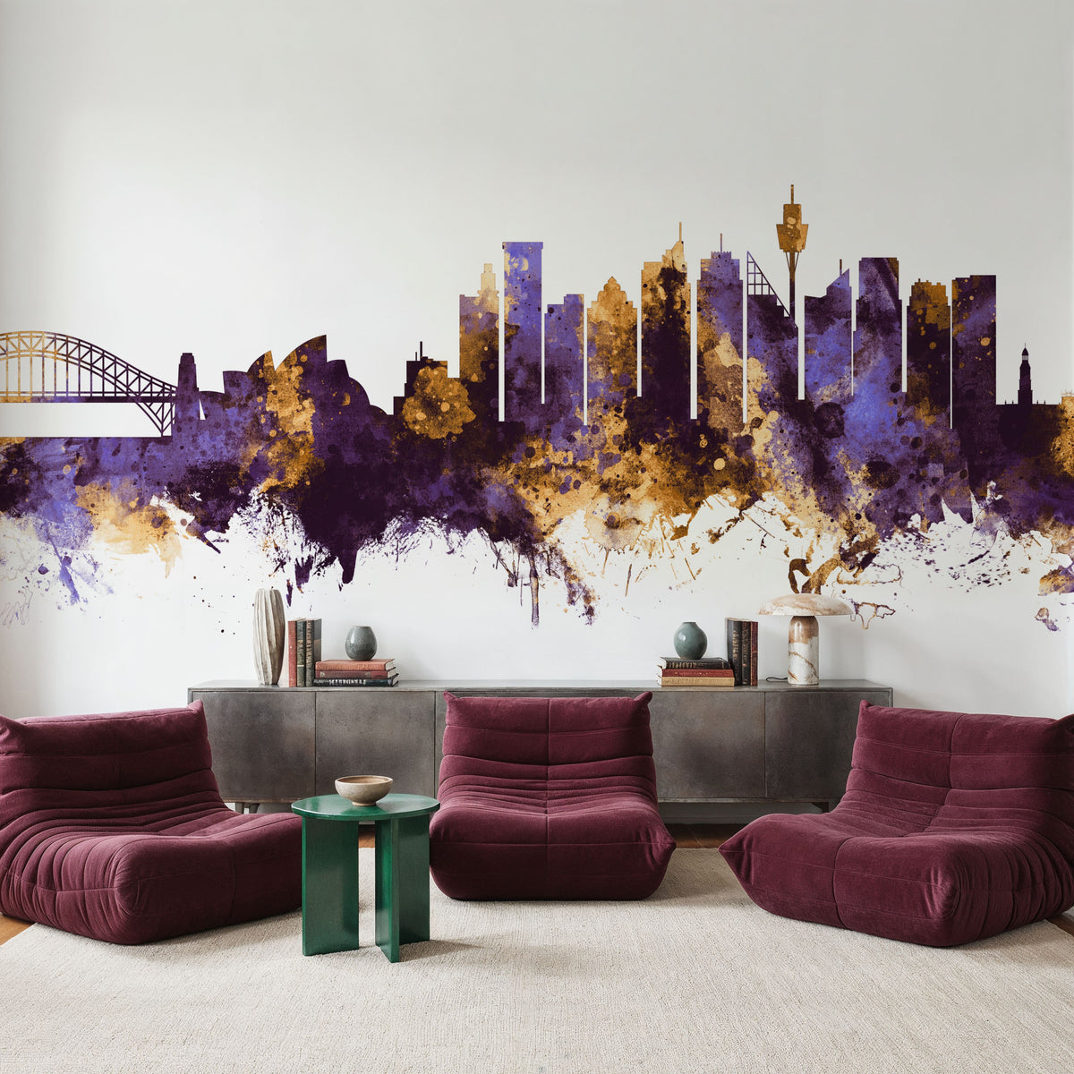 Sydney Australia Skyline Purple & Gold Mural Wallpaper - room preview 03