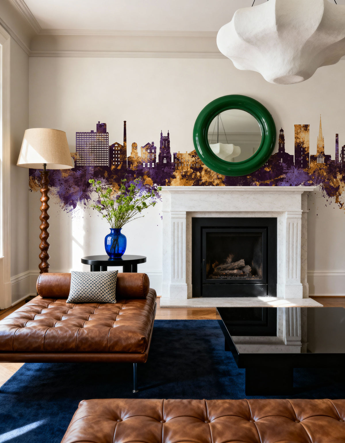 Stockport England Skyline Purple & Gold Mural Wallpaper - room preview 03