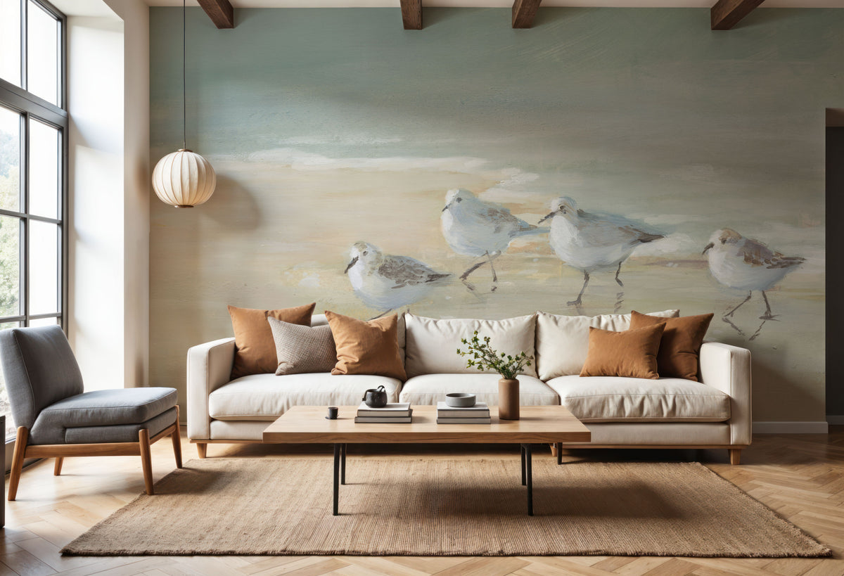 Tranquil Shorebirds on the Sand Mural Wallpaper - room preview 03
