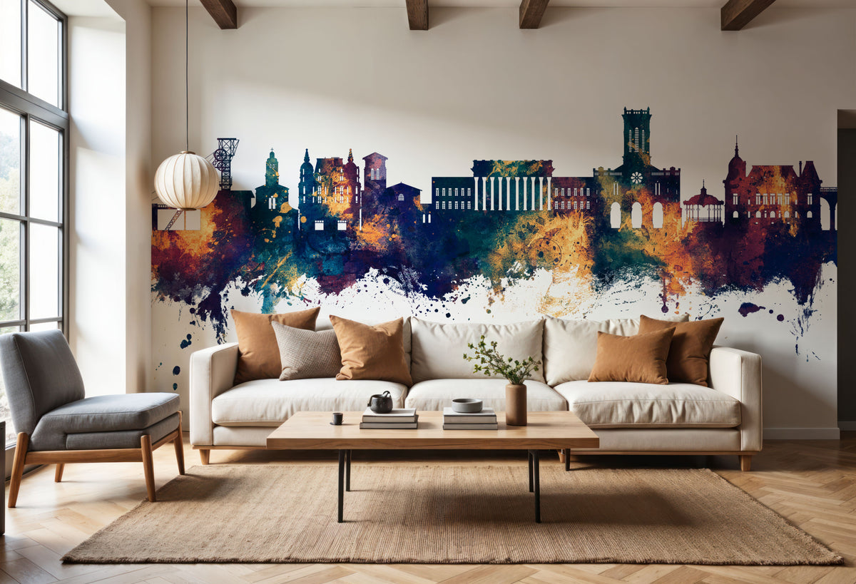 Saint-Étienne France Skyline Blue & Bronze Mural Wallpaper - room preview 03
