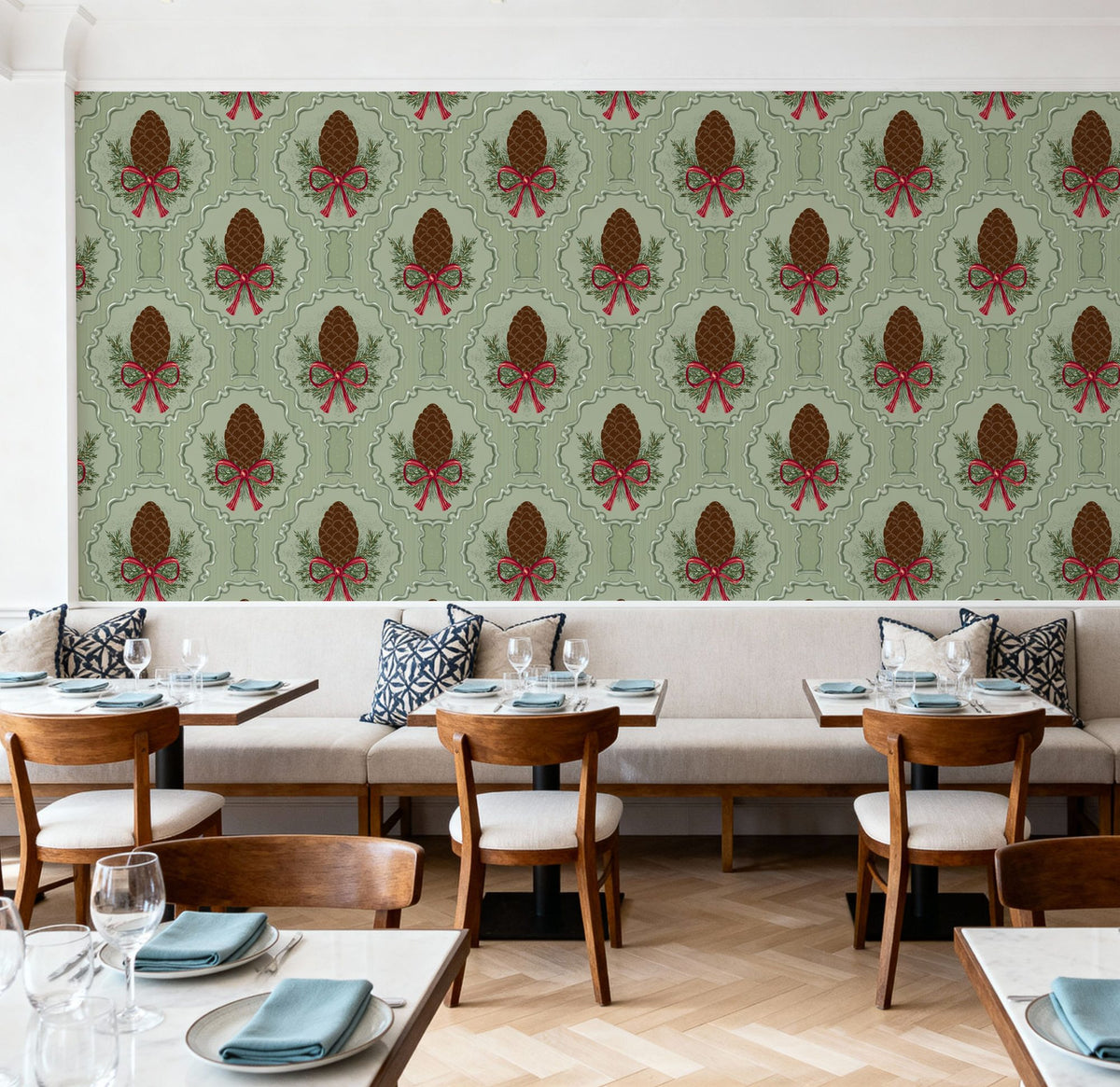 Pine Cone & Ornate Rackets, Mint Mural Wallpaper - room preview 03