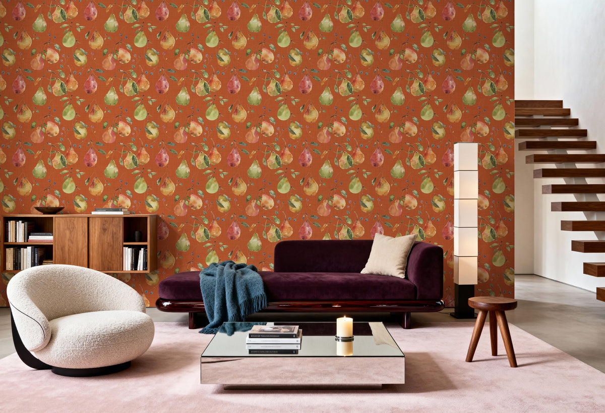 Time to Share Pears Orange Mural Wallpaper - room preview 03