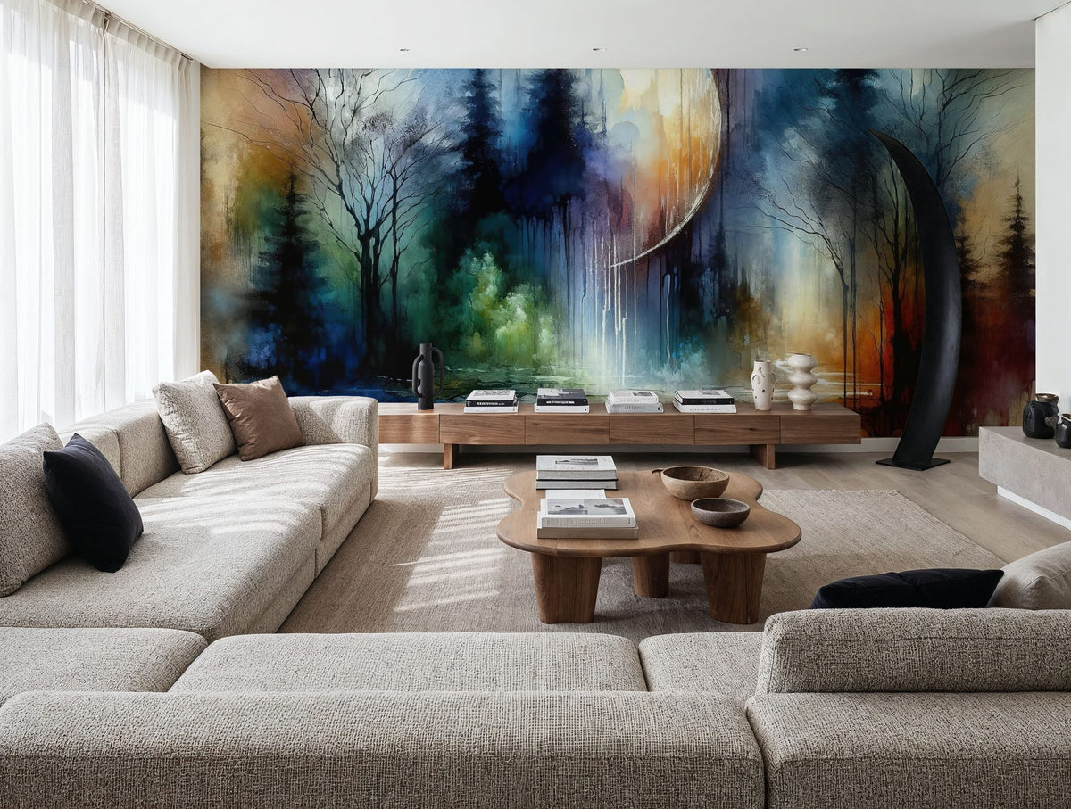 Watercolor Forest in Moonlight Mural Wallpaper - room preview 03