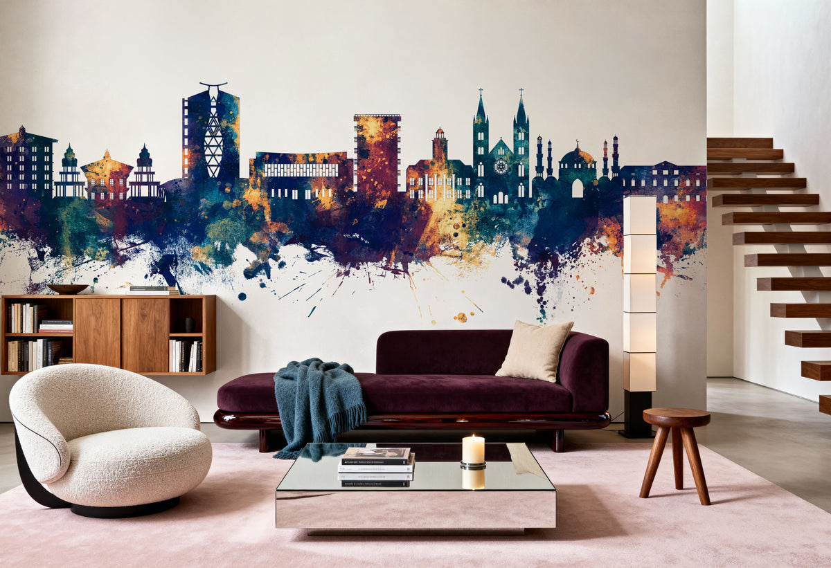 Paramaribo Suriname Skyline Blue & Bronze Mural Wallpaper - room preview 03