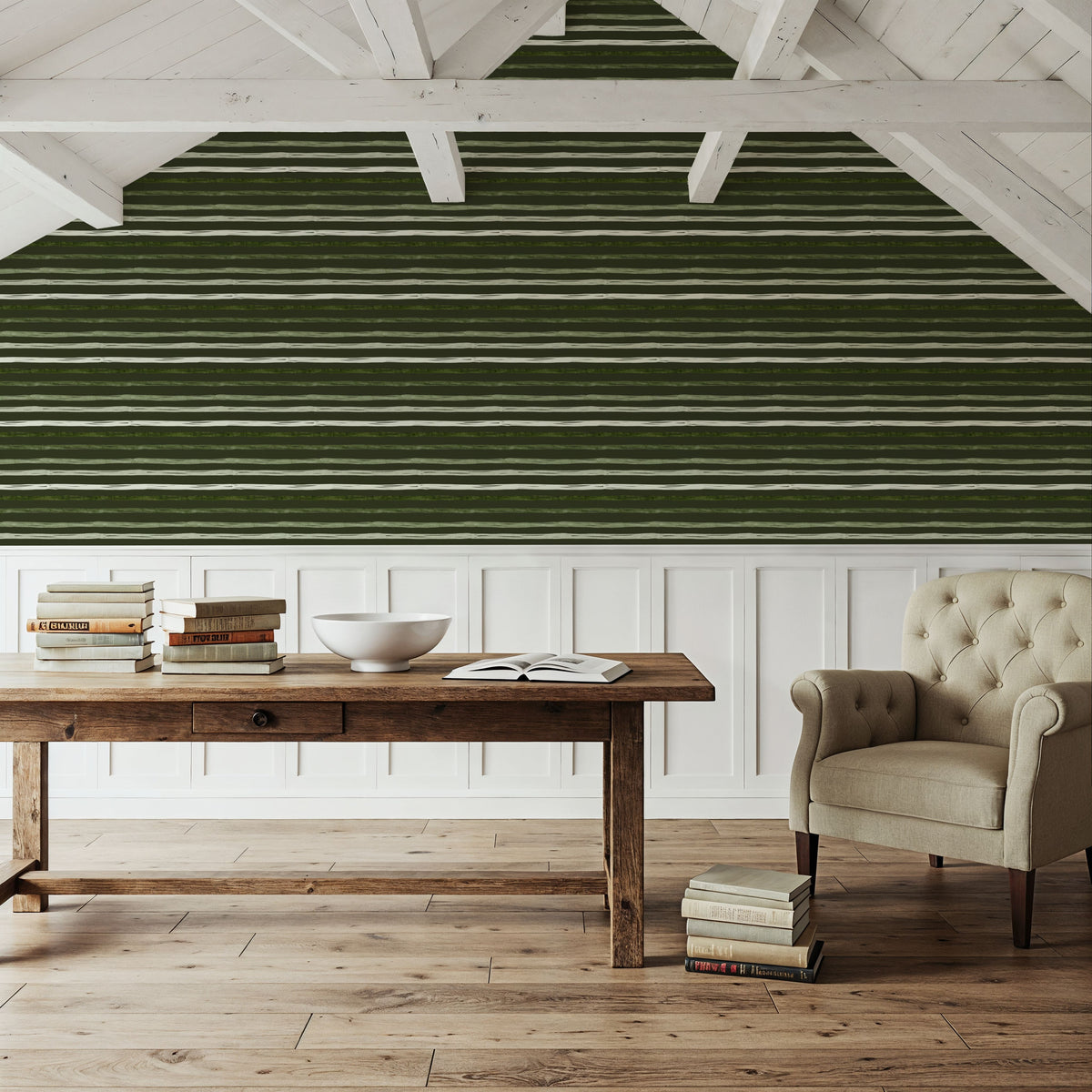 Green Stripes Dark Mural Wallpaper - room preview 03