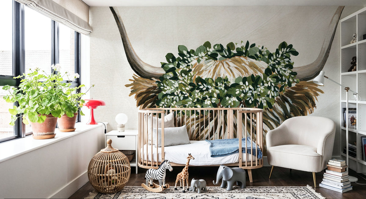 Harvest Cow Sage Texture Light Mural Wallpaper - room preview 03