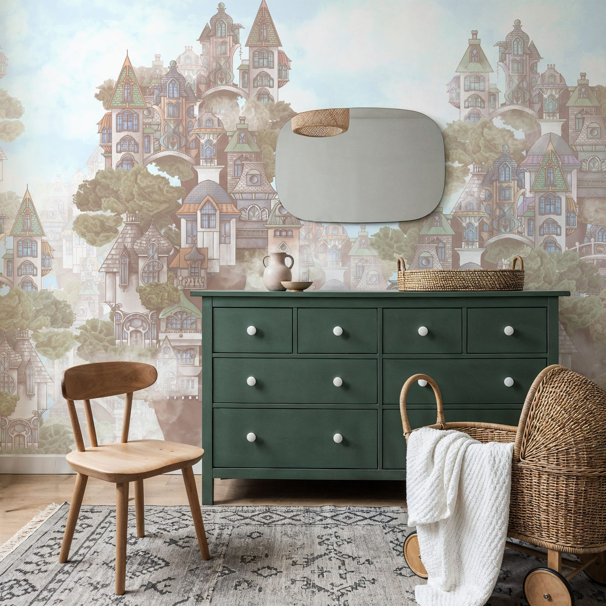 Treehouse Neighborhood Warm Pastel Mural Wallpaper - room preview 03