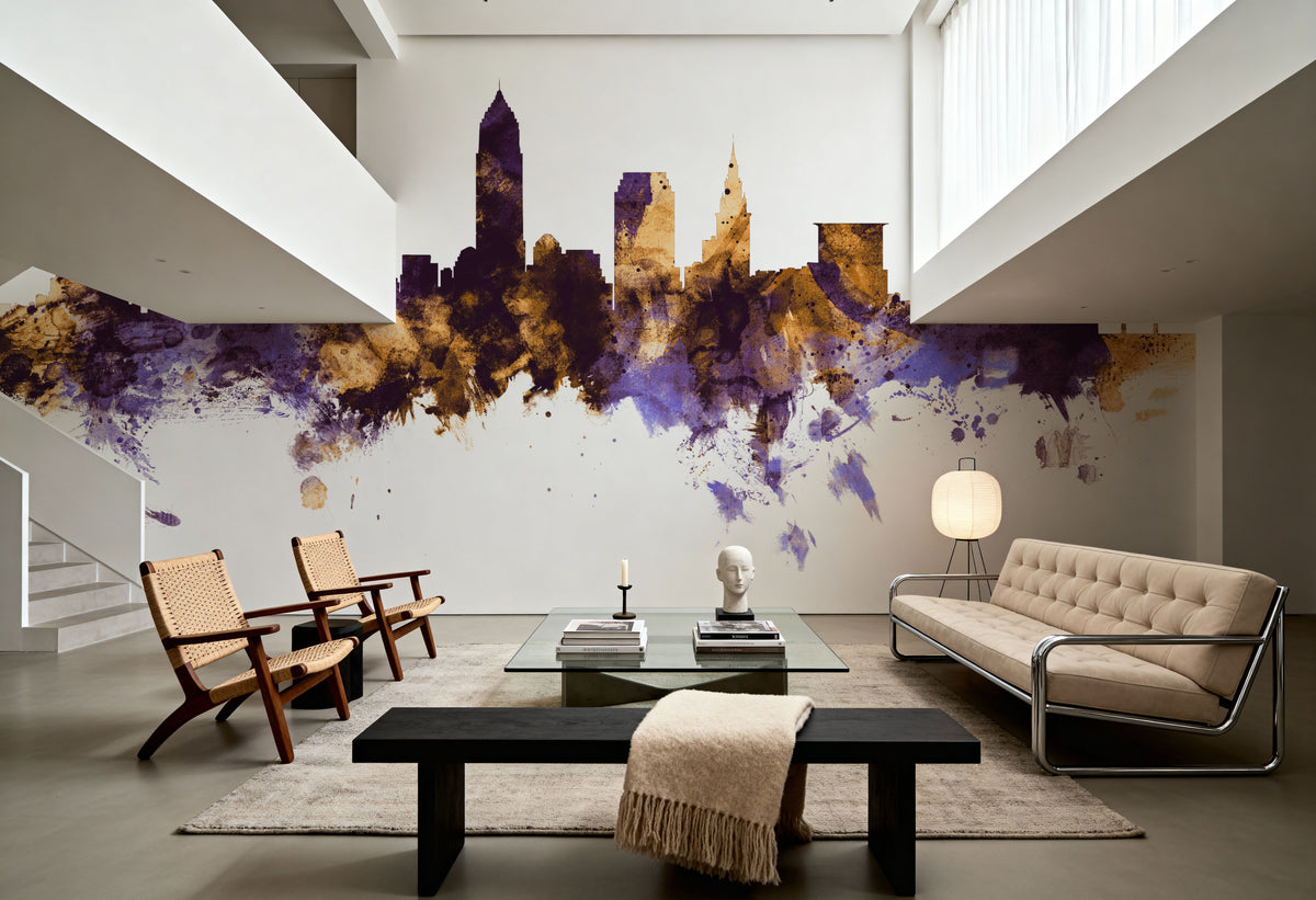 Cleveland Ohio Skyline Purple & Gold Mural Wallpaper - room preview 03