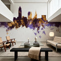 Cleveland Ohio Skyline Purple & Gold Mural Wallpaper - room preview 03
