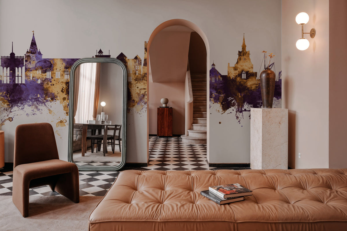 Maldon England Skyline Purple & Gold Mural Wallpaper - room preview 03