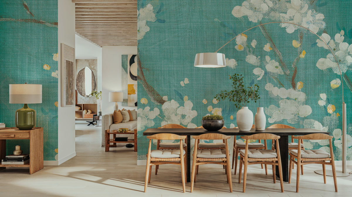 White Cherry Blossoms II on Blue Aged No Bird Mural Wallpaper - room preview 03