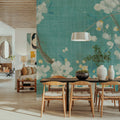 White Cherry Blossoms II on Blue Aged No Bird Mural Wallpaper - room preview 03