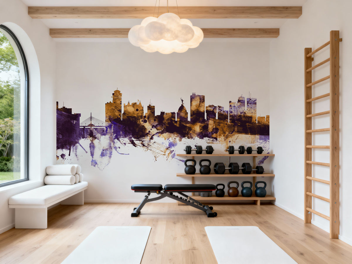 Winnipeg Canada Skyline Purple & Gold Mural Wallpaper - room preview 03