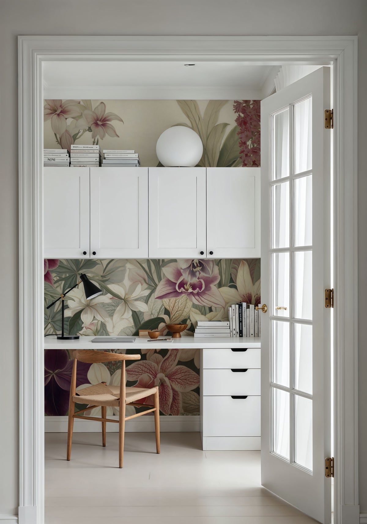The Tenderness of Orchids, Burgundy Mural Wallpaper - room preview 03